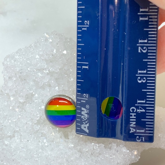 LGBT Rainbow Glass Cabochon Stud Earrings - Picture 6 of 8